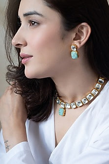 Gold Plated Kundan Polki & Turquoise Stone Necklace Set