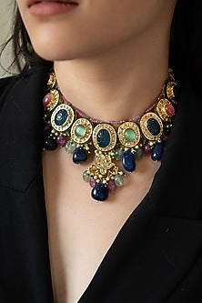 Gold Plated Kundan Polki & Multi-Colored Agate Stone Necklace