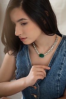 Gold Plated Cubic Zirconia & Jade Green Stone Necklace Set