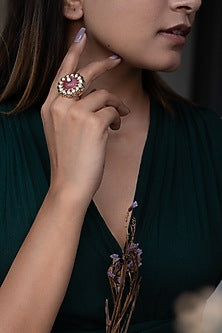 Gold Plated Kundan Polki & Natural Stone Ring