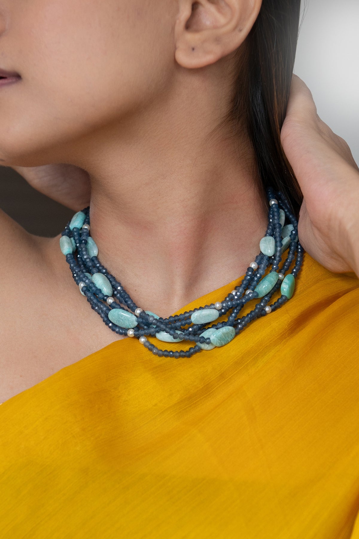 Gold Plated Blue Onyx & Agate Choker Necklace