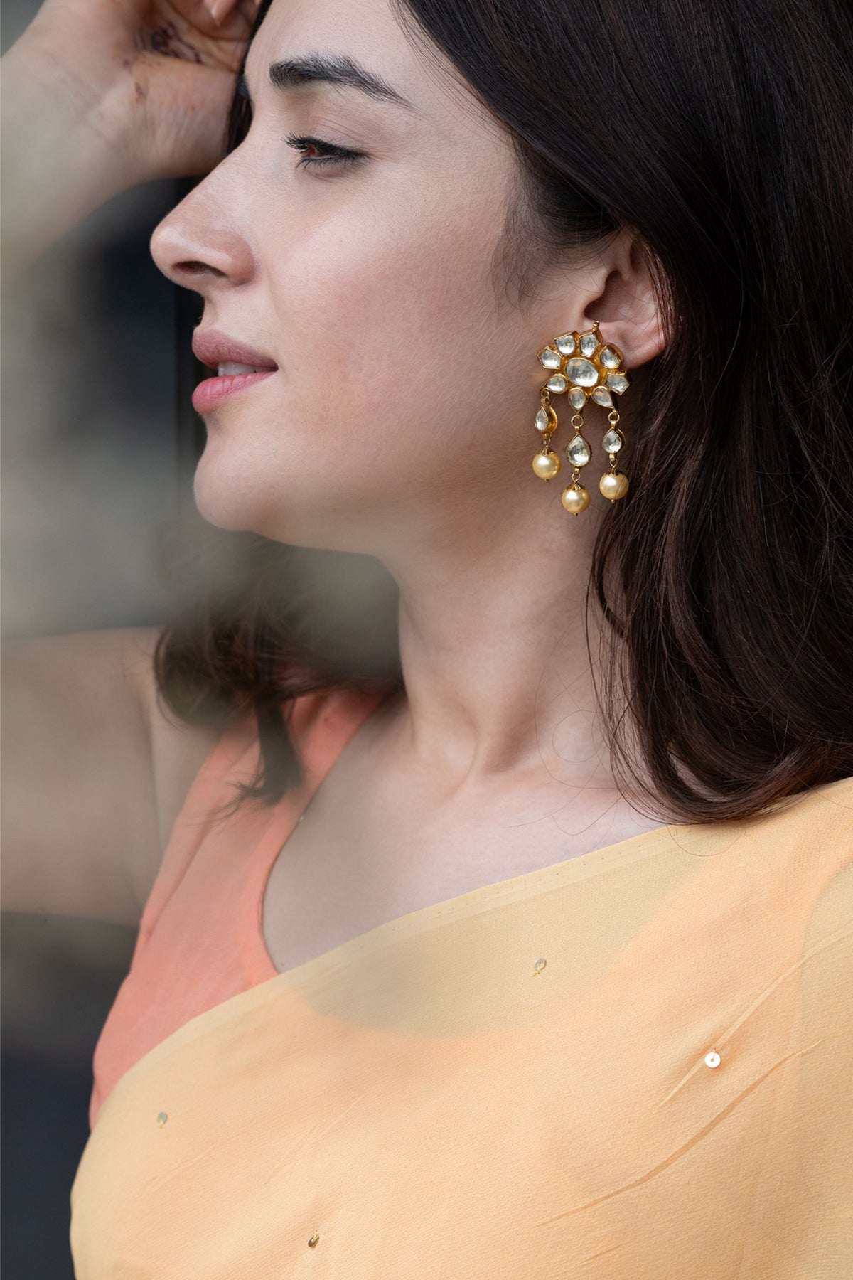 Gold Plated Kundan Polki & Pearl Earrings