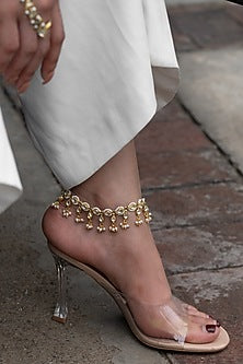 Gold Plated Kundan Polki & Pearl Anklets (Set Of 2)
