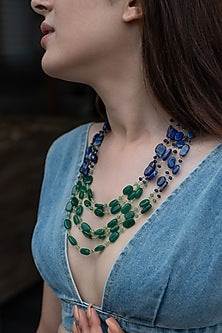 Gold Plated Lapis Lazuli & Green Natural Stone Layered Necklace