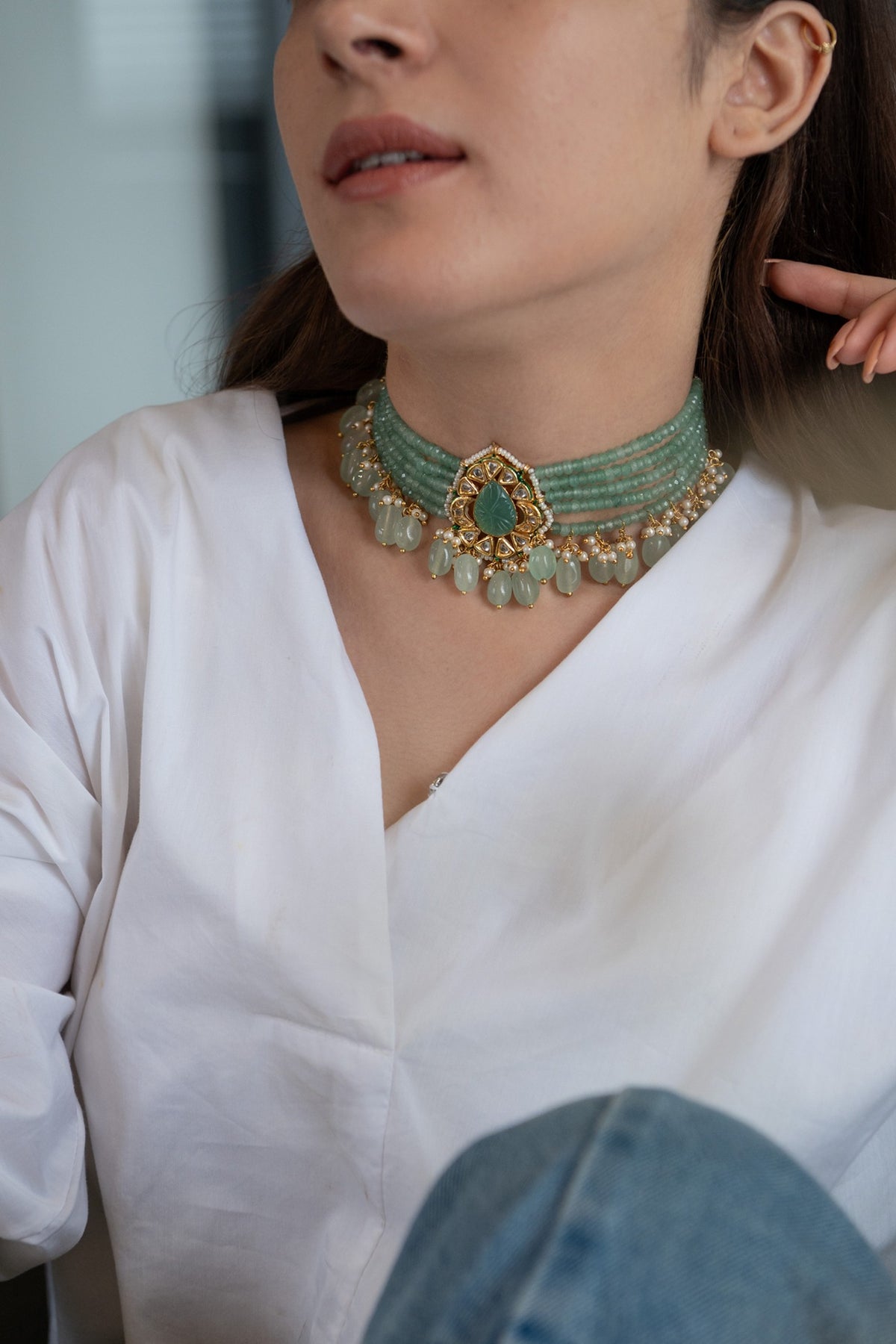 Gold Plated Mint Green Gemstone Choker Necklace