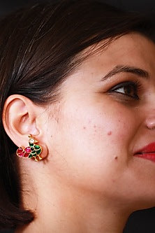 Gold Finish Pink Stone Stud Earring In Sterling Silver