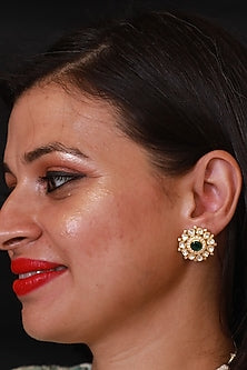 Gold Finish Kundan Polki Stud Earrings In Sterling Silver