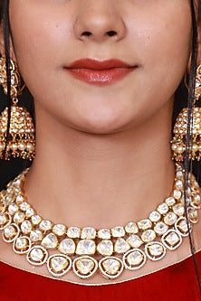 Gold Finish Kundan Polki Collar Necklace In Sterling Silver