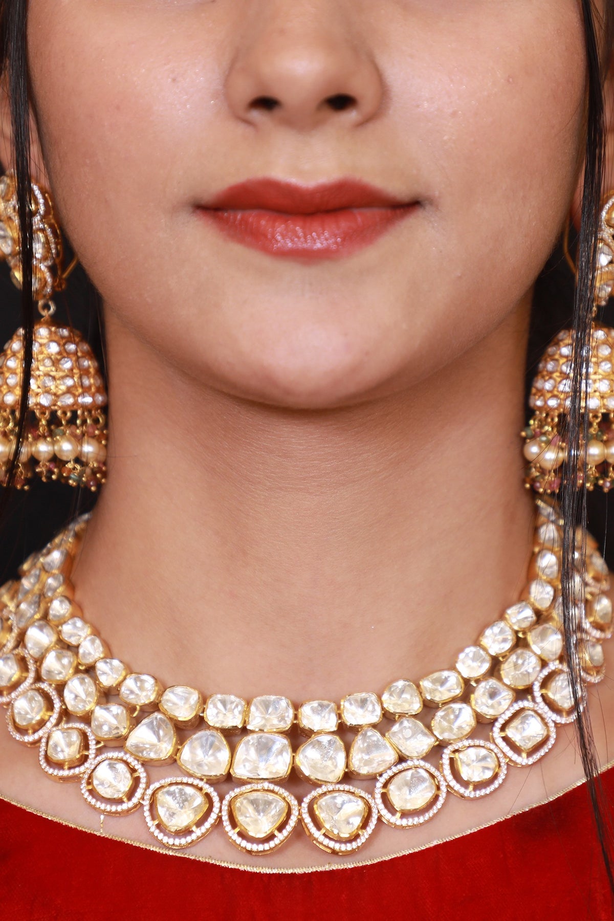 Gold Finish Kundan Polki Collar Necklace In Sterling Silver