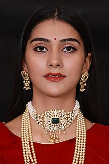 Gold Finish Kundan Polki Choker Necklace In Sterling Silver