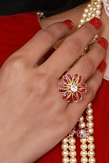 Gold Micro Finish Kundan Polki Ring In Sterling Silver