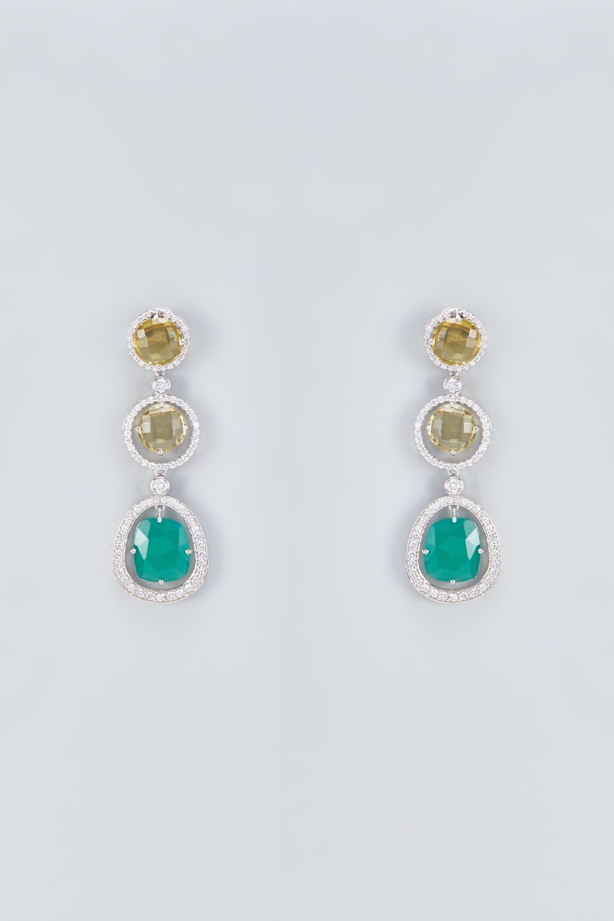 Two Tone Finish Green Onyx & Zirconia Dangler Earrings In Sterling Silver