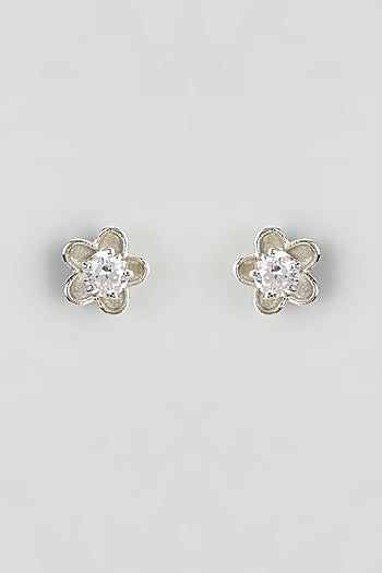 White Rhodium Finish Zircon Stud Earrings In Sterling Silver