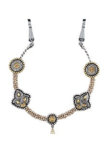 Gold Plated Floral Motifs & Pearl Beaded Choker Necklace In Sterling Silver