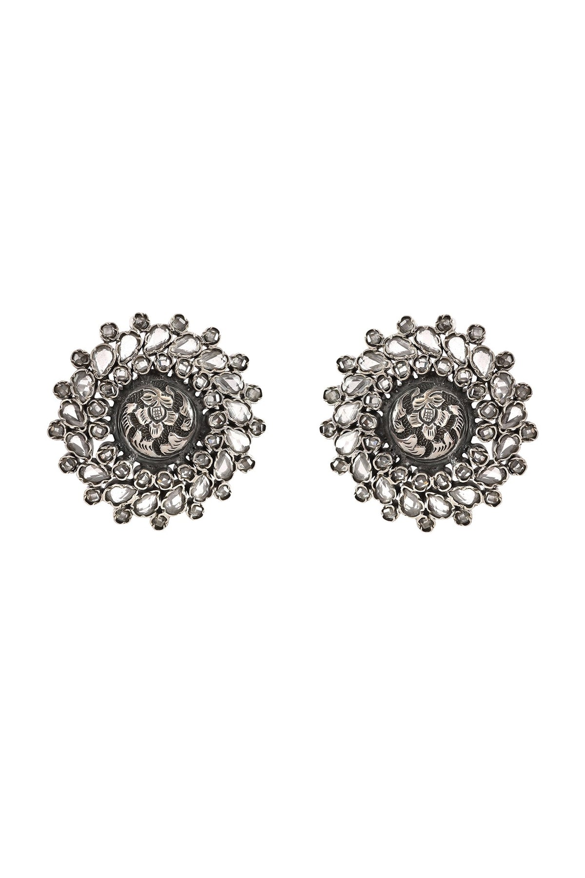 Two-Tone Finish Checkered Gemstone Floral Stud Earrings In Sterling Silver