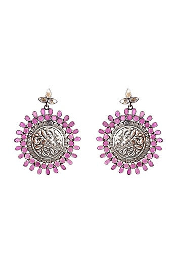 Silver Finish Checkered Ruby Gemstone Dangler Earrings In Sterling Silver
