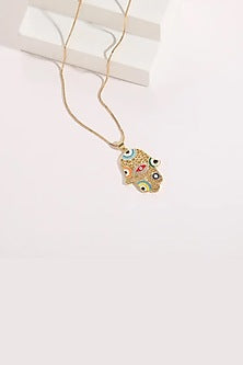 Gold Plated Multi-Colored Zircon Hamsa Evil Eye Necklace