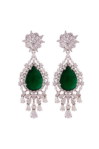 White Rhodium Finish Cubic Zirconia & Green Stone Dangler Earrings In Sterling Silver