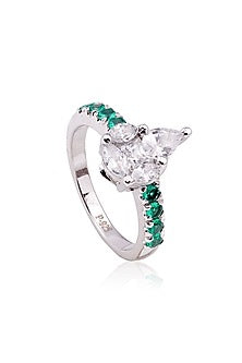 White Finish Cubic Zirconia & Green Stone Ring In Sterling Silver