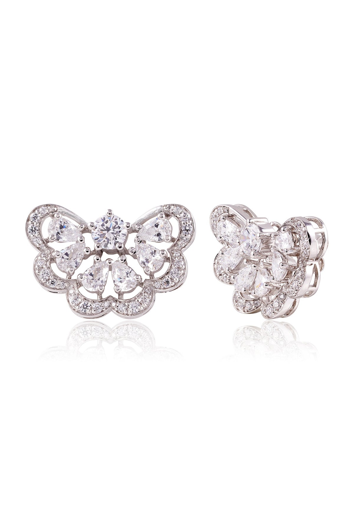 White Finish White Stone Stud Earrings In Sterling Silver