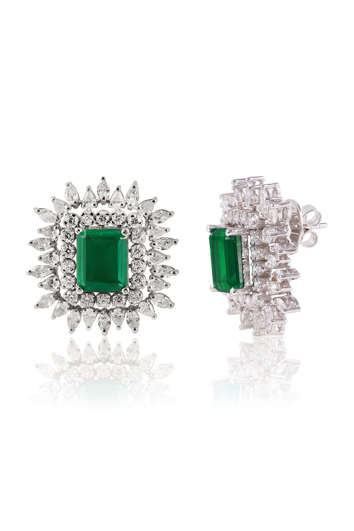 White Finish Green Stone Stud Earrings In Sterling Silver