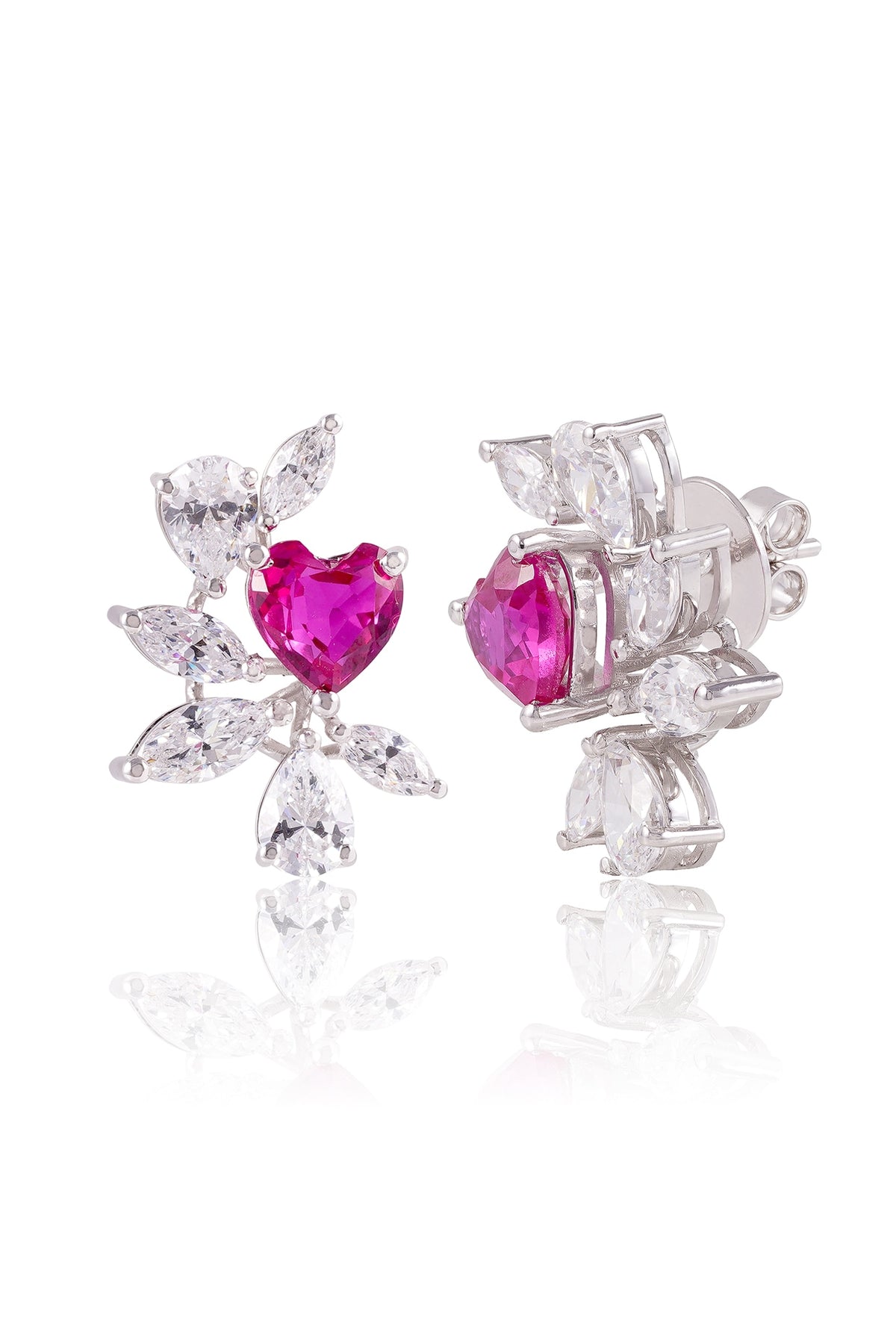 White Finish Pink Stone Stud Earrings In Sterling Silver