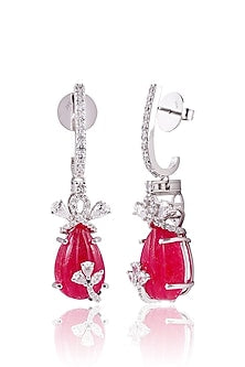 White Finish Pink Stone Dangler Earrings In Sterling Silver