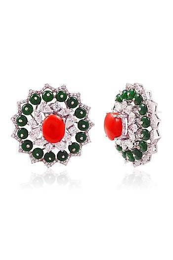 White Finish Green Stone Stud Earrings In Sterling Silver