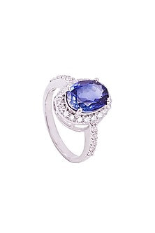 White Rhodium Finish Cubic Zirconia & Blue Stone Ring In Sterling Silver