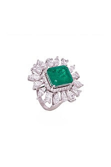 White Rhodium Finish Cubic Zirconia & Green Stone Ring In Sterling Silver
