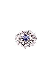 White Rhodium Finish Cubic Zirconia & Blue Stone Ring In Sterling Silver
