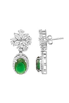 White Rhodium Finish Cubic Zirconia & Green Stone Dangler Earrings In Sterling Silver