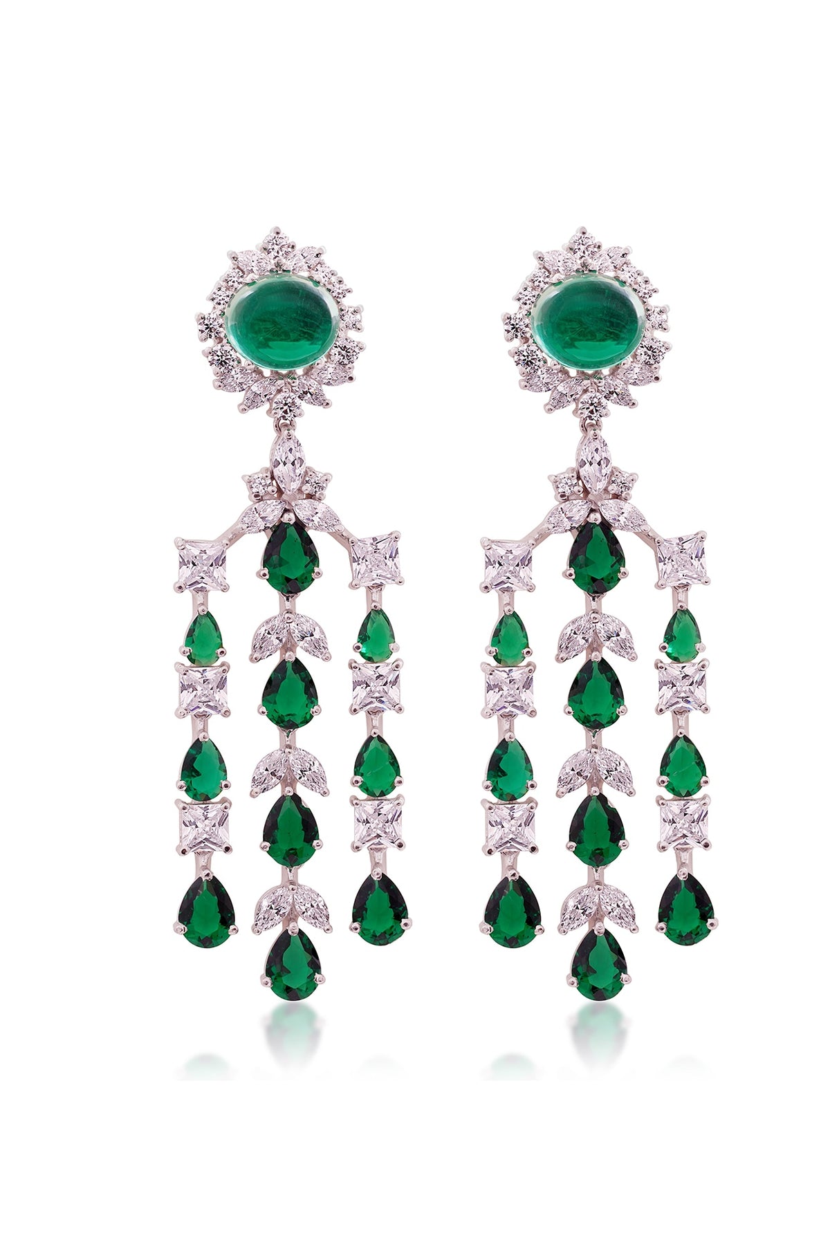 White Finish Cubic Zirconia & Emerald Green Stone Dangler Earrings In Sterling Silver