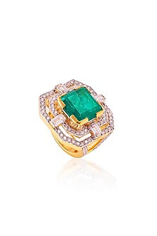 Gold Finish Doublet Emerald Green Stone & Cubic Zirconia Ring In Sterling Silver