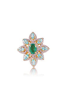 Gold Finish Cubic Zirconia & Pear-Cut Aqua Stone In Sterling Silver