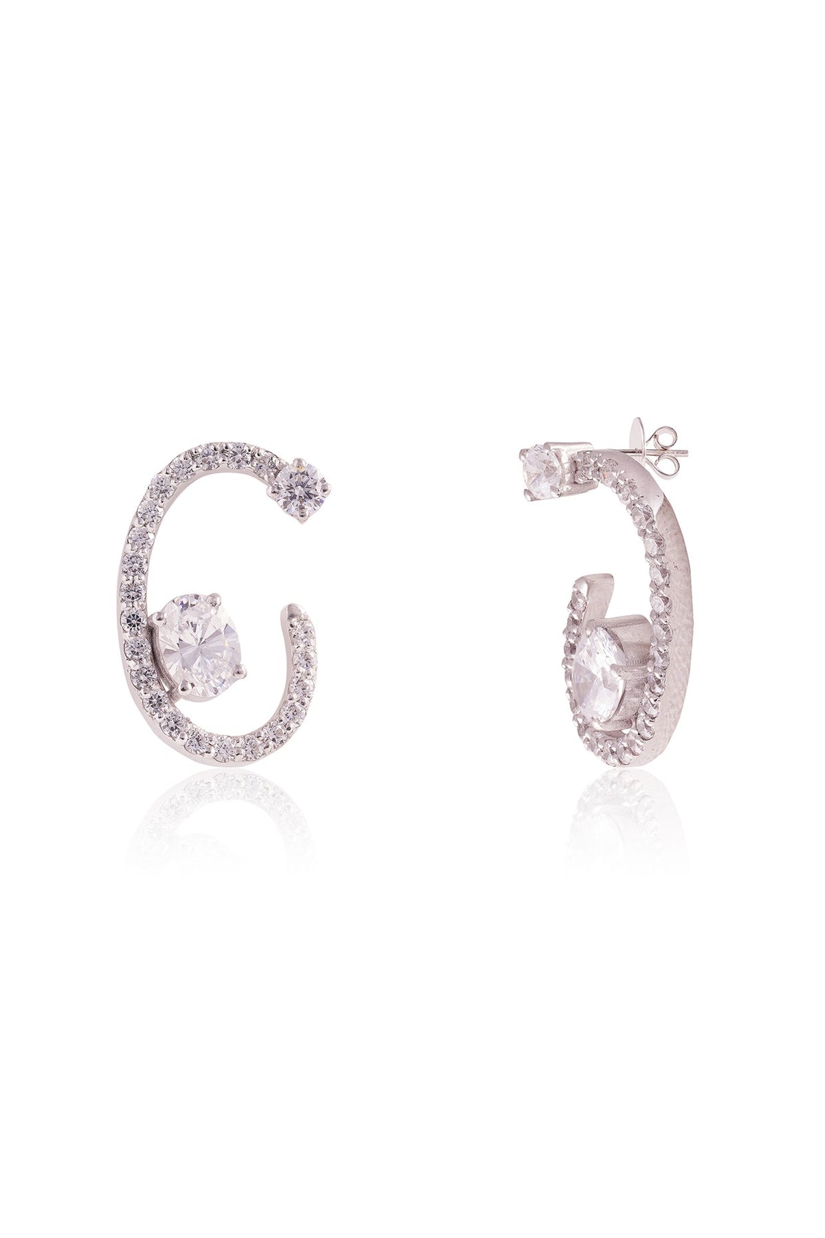 White Finish Round & Oval-Cut Cubic Zirconia C-Shaped Stud Earrings In Sterling Silver