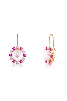Gold Finish Imported Cubic Zirconia & Red Stone Dangler Earrings In Sterling Silver