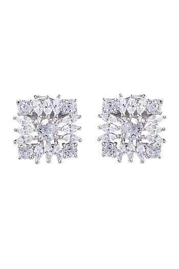 White Finish Stud Earrings With Cubic Zirconia In Sterling Silver