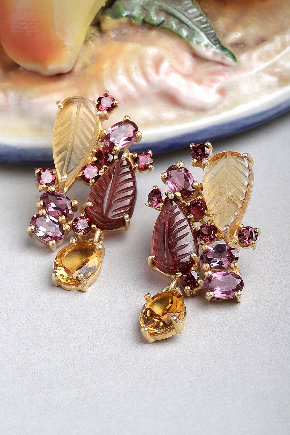 Gold Finish Carved Tourmaline Dangler Earrings In Sterling Silver