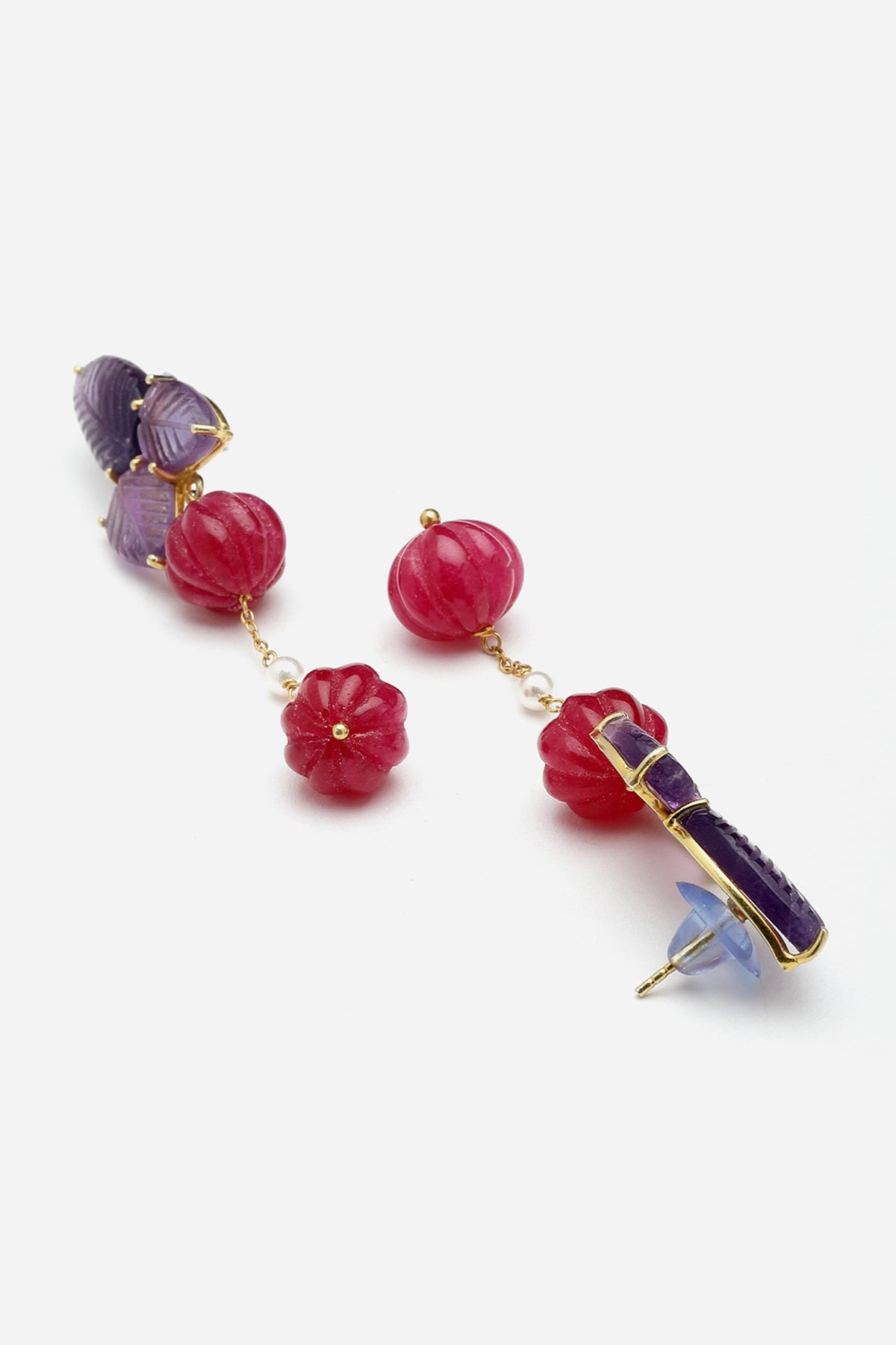 Gold Finish Carved Amethyst & Melon Ball Dangler Earrings In Sterling Silver