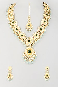 Gold Finish Semi Precious Emerald Long Necklace Set