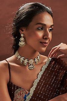 Gold Finish Bead & Meenakari Kundan Polki Choker Necklace Set