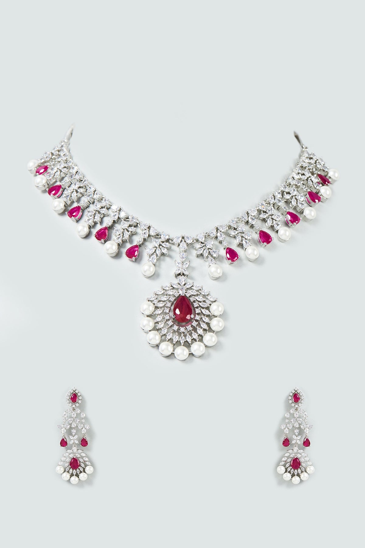 White Finish Faux Diamond & Ruby Necklace Set