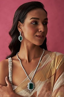 White Finish Solitaire Diamond & Emerald Long Necklace Set