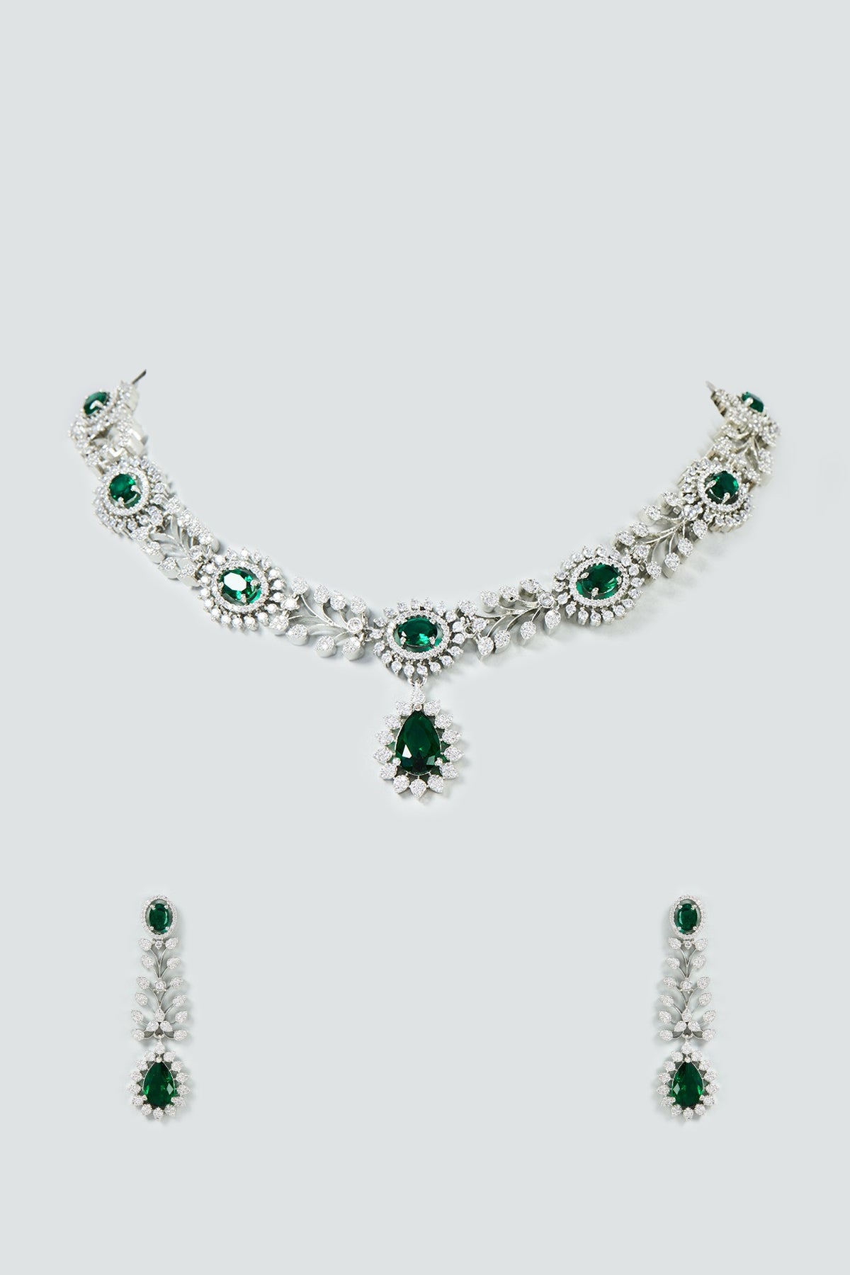 White Finish Faux Diamond & Emerald Necklace Set
