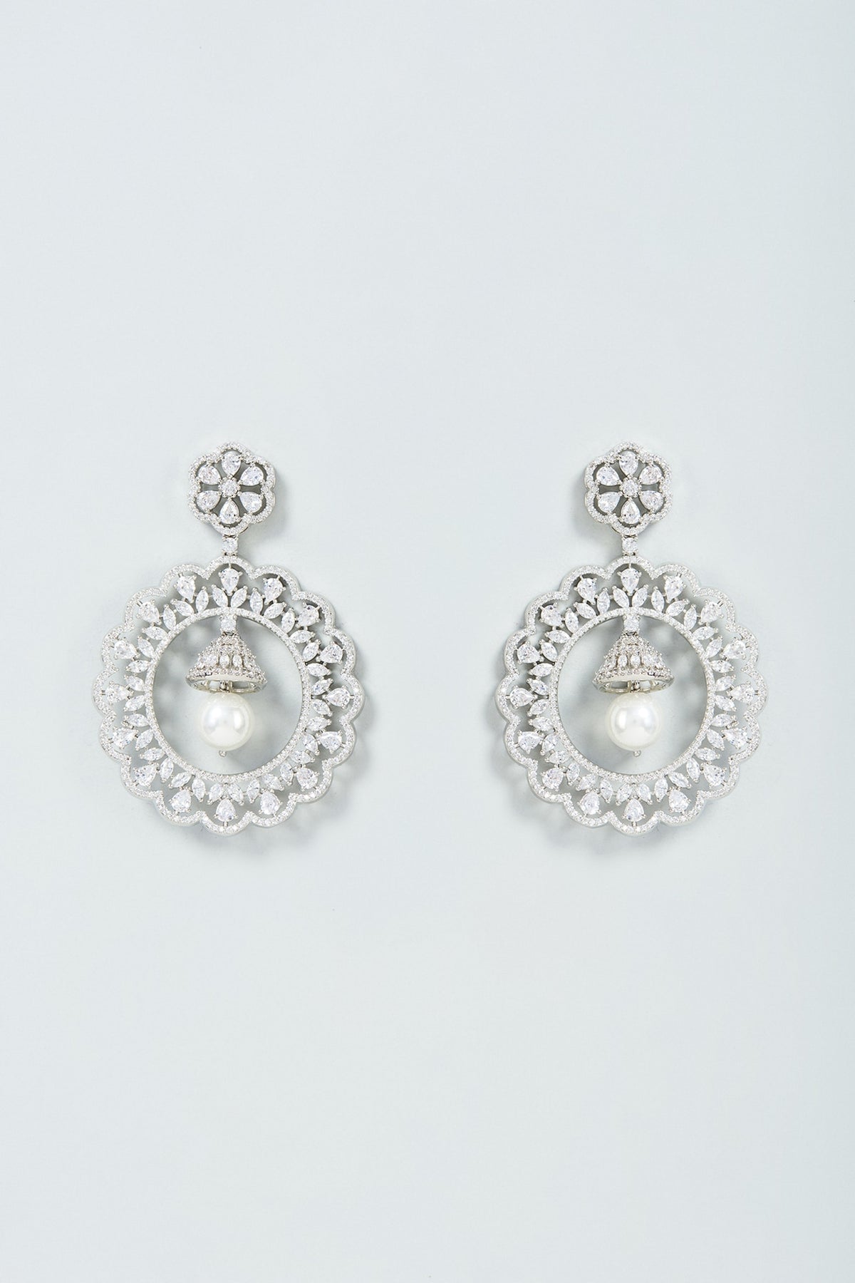 White Finish Faux Diamond & Pearl Drop Dangler Earrings