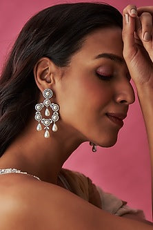 White Finish Faux Diamond & Shell Pearl Dangler Earrings