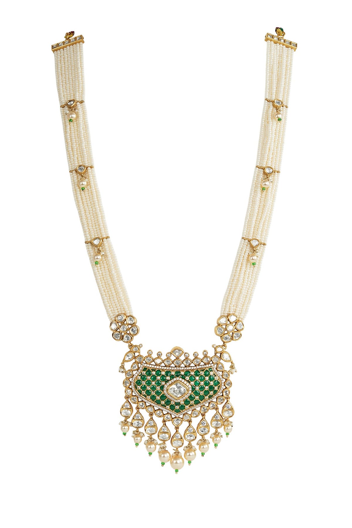 White Rhodium Finish Kundan Polki & Green Stone Necklace Set