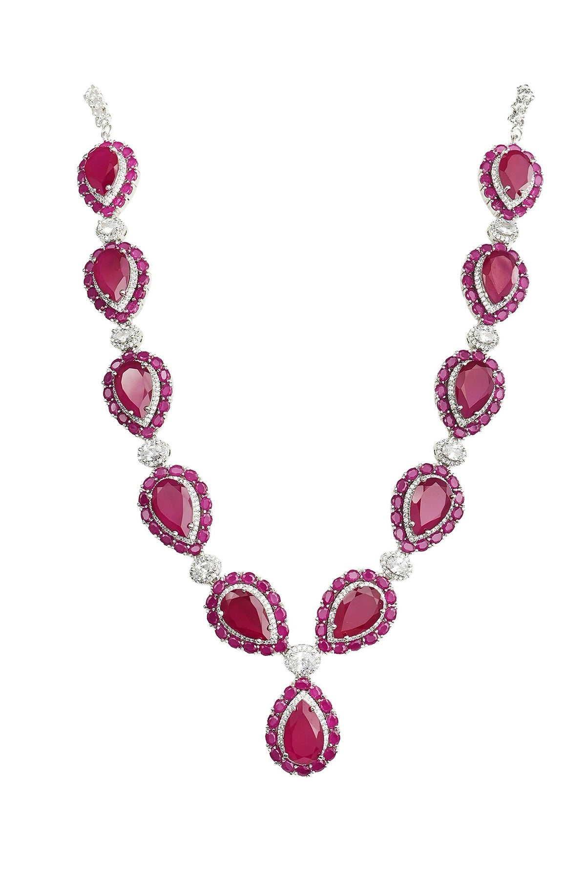 White Rhodium Finish Zircon & Ruby Stone Necklace Set
