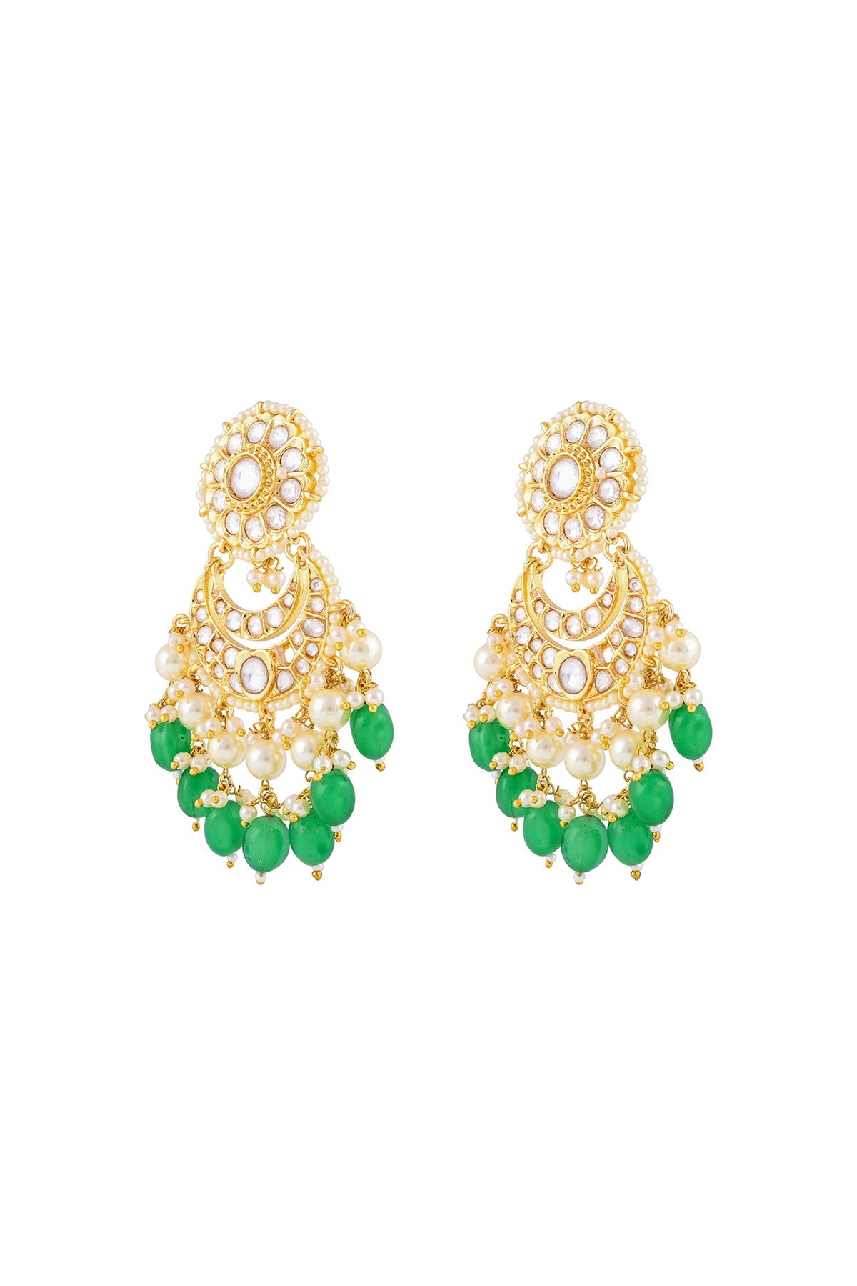 Gold Finish Kundan Polki & Emerald Beaded Chandbali Earrings